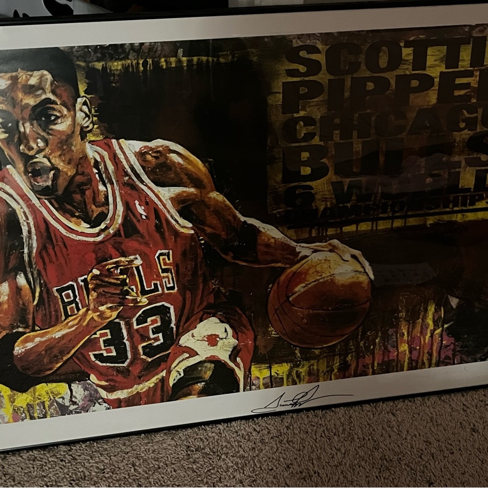 Scottie Pippen signed poster framed with authentication papers .